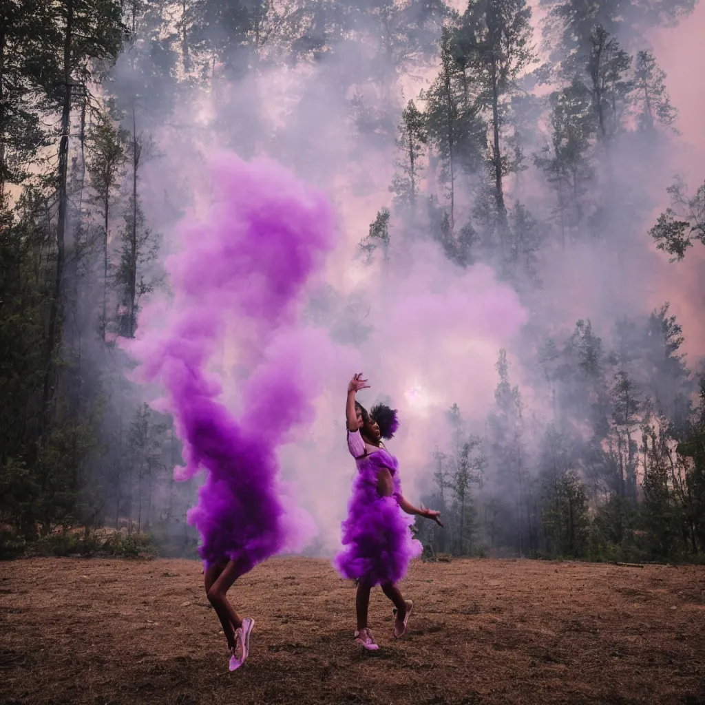 Prompt: a young influencer dances in front of a huge forest fire, purple smoke, webcam