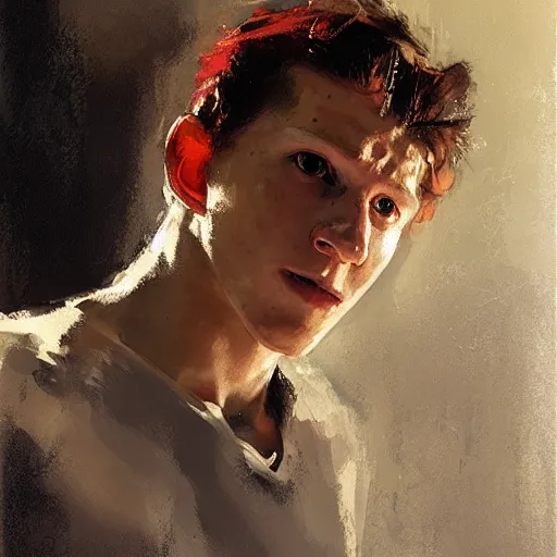 Prompt: portrait of tom holland as spiderman, by jeremy mann, anders zorn.