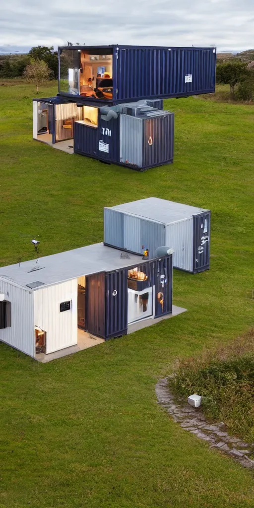 Image similar to a mechanical highly detailed shipping container converted to a modern house with drone propellers on top of the house the entire thing is hovering shown from a distance over a field centered perfect symmetry cinematic lighting