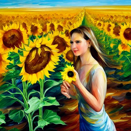 Image similar to a girl in amazing tall sunflower field, her hair flowing down, subtle, intricate details, real masterpiece, oil on canvas, by leonid afremov