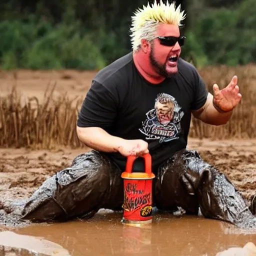 Image similar to guy fieri high mud wrestling an ostrich