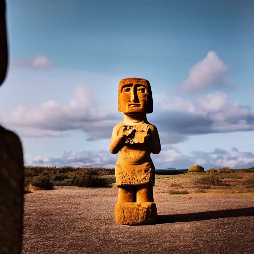 Prompt: a man holding an ice cream cone with a moai 🗿 in it, 4 k photograph