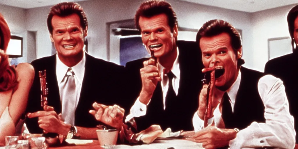 Image similar to still frame of Geena Davis, Roger Moore and Jim Carrey in Pulp Fiction laughing hysterically at a tiny gun