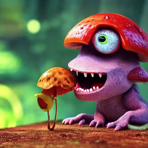 Image similar to a nature photo of a cute, adorable, fury monster eating bugs for lunch while sitting on a red mushroom in the fantasy forest, in the style of Pixar, extremely detailed, wide shot, sharp and detailed, Octane render