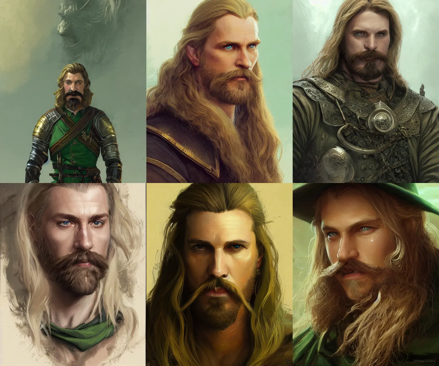 Prompt: half - length portrait of a 3 5 - year - old human male noble with long blonde hair and a mustache, green eyes, medieval setting, detailed face, highly detailed, digital painting, artstation, concept art, sharp focus, illustration, by greg rutkowski, craig mullins, kenne gregoire