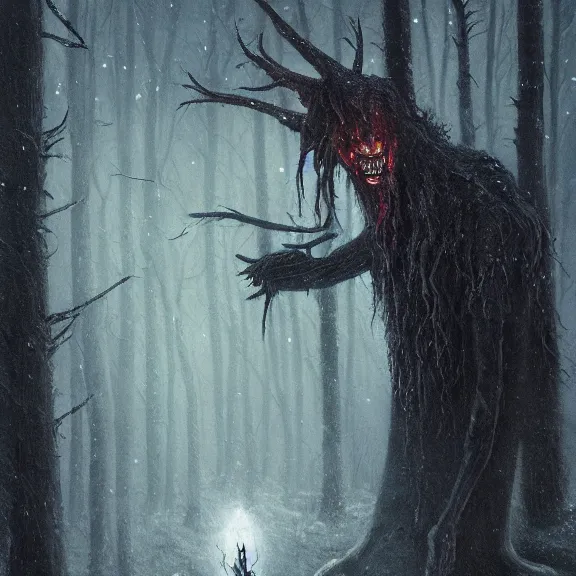 Image similar to cloaked humanoid wendigo feasting, nighttime located in a snowy dark forest, lurking horror, distant shot, dungeons and dragons, magic the gathering, forboding, high detail, oil painting, style of seb mckinnon