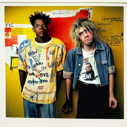 Image similar to medium format photo of basquiat and kurt cobain photographed by annie leibovitz in a hi end photo studio, color, photorealistic,