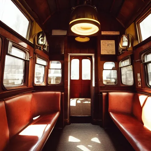 Prompt: photograph of cozy personal train car, plush chairs, god rays through windows, art deco, brass fixtures, rich wooden table, craftsman, warm light wide angle