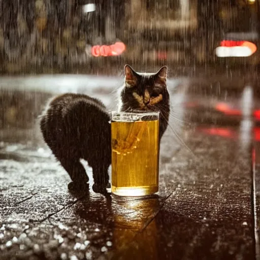 Prompt: an upset cat drinking whiskey under rain and thinking about her ex