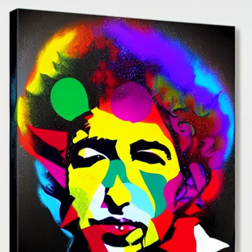 Prompt: abstract art of a bob dylan, multiple colors, by pablo picasso