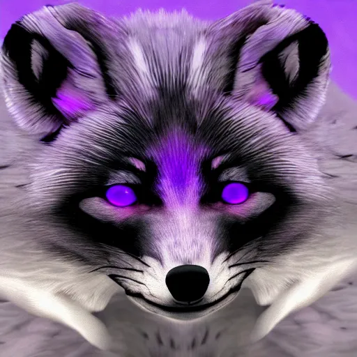 Image similar to second life game screenshot close up of a fluffy black fox with pretty purple eyes