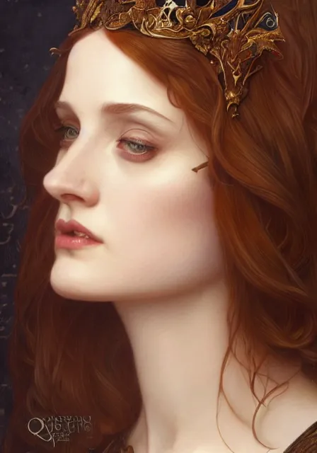 Prompt: sansa angeline jolie gessica chastain queen of death, intricate, elegant, highly detailed, digital painting, artstation, concept art, smooth, sharp focus, illustration, art by artgerm and greg rutkowski and alphonse mucha and william - adolphe bouguereau