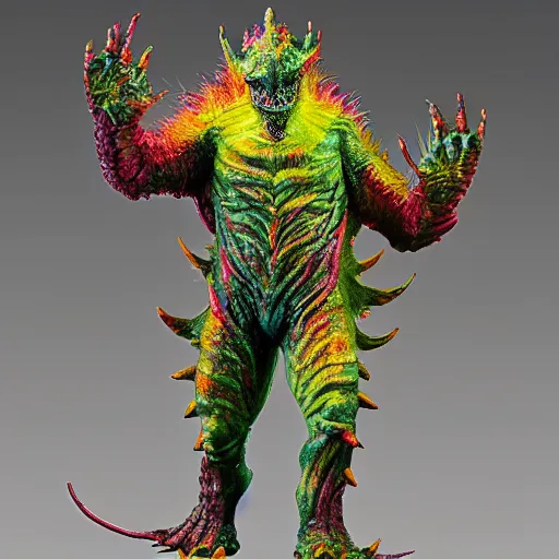 Image similar to a kaiju figurine super detailed oil painting with muted fluo colors