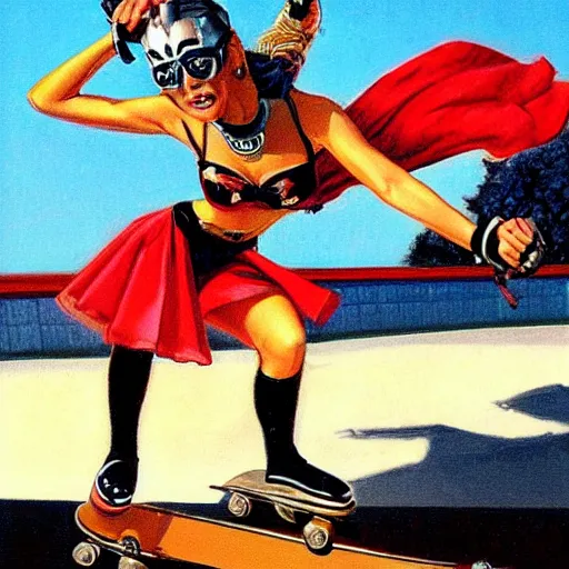 Image similar to Harley Queen as a skater, artwork by Earl Norem,