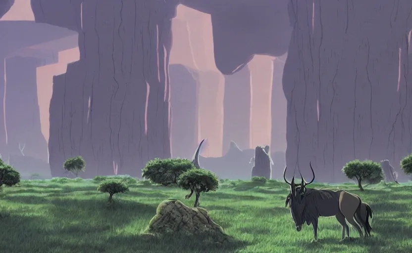 Image similar to a realistic cell - shaded studio ghibli concept art from paprika ( 2 0 0 6 ) of a pack of wildebeest and a multi - colored cube from close encounters of the third kind ( 1 9 7 7 ) in a flooded monument valley stonehenge jungle with giant trees on a misty starry night. very dull colors, portal, hd, 4 k, hq