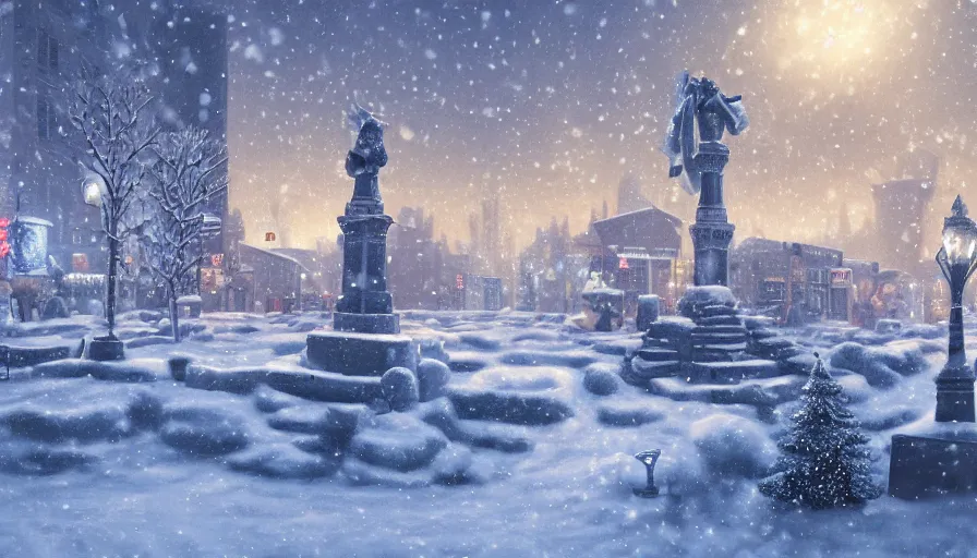 Image similar to small midwest town with square and statue under snow during winter, snowing, christmas lights, snow dunes, hyperdetailed, artstation, cgsociety, 8 k