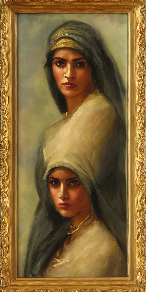 Image similar to romantic period style atmospheric oil painting of a middle eastern woman with intense eyes, wearing a golden veil