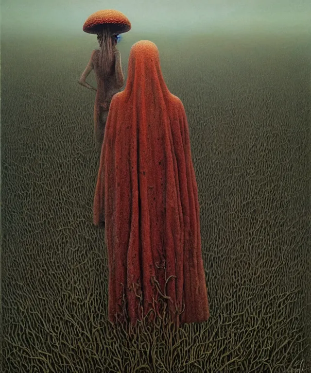 Image similar to A detailed funguswoman stands among the mushroom fields. Wearing a ripped mantle, robe. Perfect faces, extremely high details, realistic, fantasy art, solo, masterpiece, art by Zdzisław Beksiński, Pauline Baynes, Dariusz Zawadzki