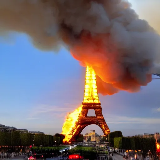 Image similar to eiffel tower on fire, super realistic