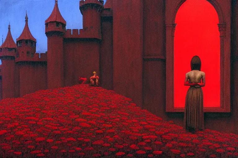 Image similar to only with red, red flowers of different types, red castle in background, red medieval goblins, in the style of beksinski, parts by edward hopper, parts by rodcenko, parts by yue minjun, intricate and epic composition, red by caravaggio, insanely quality, highly detailed, masterpiece, red light, artstation, 4 k