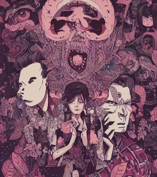 Image similar to portrait, nightmare anomalies, leaves with yakuza by miyazaki, violet and pink and white palette, illustration, kenneth blom, mental alchemy, james jean, pablo amaringo, naudline pierre, contemporary art, hyper detailed