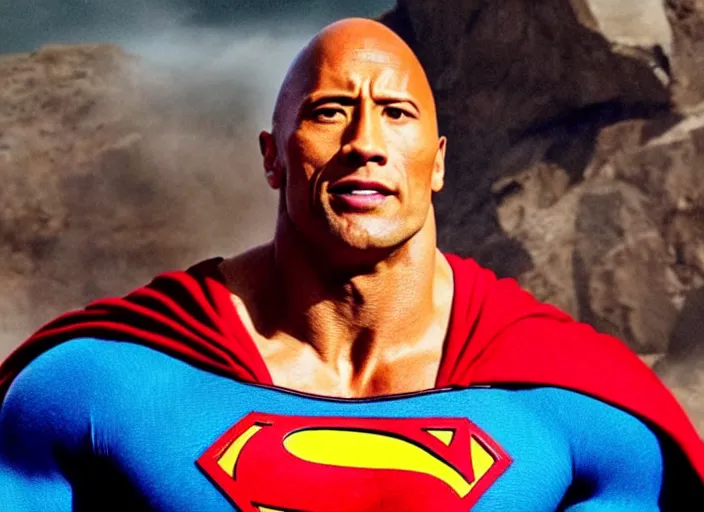 Prompt: film still of dwayne the rock johnson as superman in the new superman movie, 4 k, highly detailed face, detailed eyes