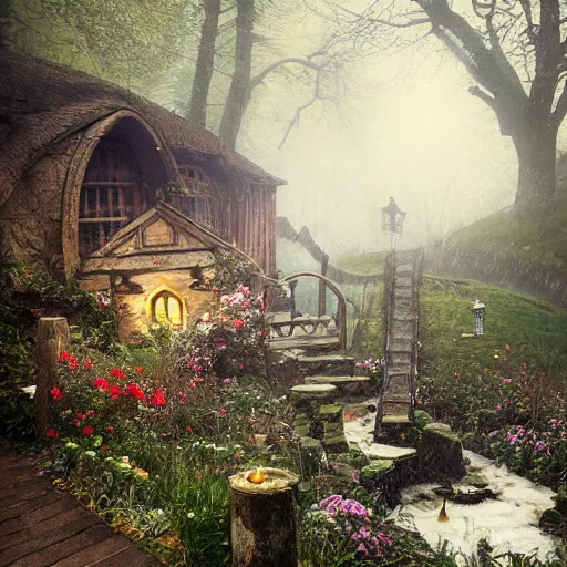 Prompt: cat in medieval hobbit house, ornate, beautiful, atmosphere, vibe, mist, smoke, fire, chimney, rain, wet, pristine, puddles, melting, dripping, snow, creek, lush, ice, bridge, forest, roses, flowers, by stanley artgerm lau, greg rutkowski, thomas kindkade, alphonse mucha, loish, norman rockwell