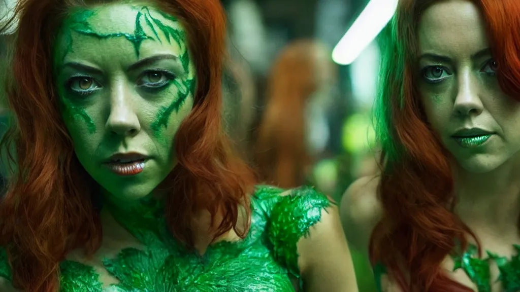 Image similar to Aubrey Plaza as Poison Ivy in The Dark Knight, green skin film still from the movie directed by Denis Villeneuve with art direction by Salvador Dalí, wide lens