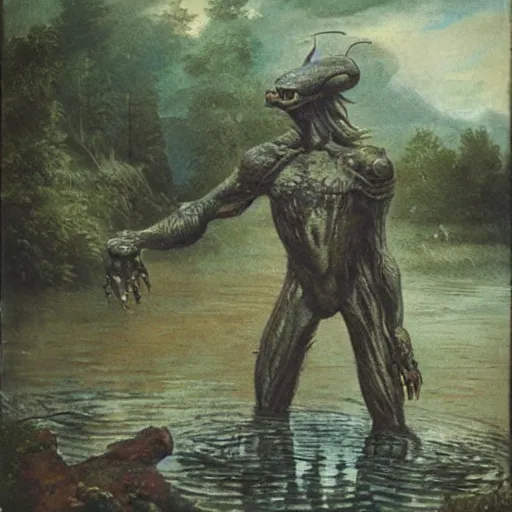 Image similar to a humanoid monster emerging from a pond