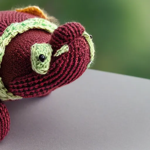 Image similar to a closeup photorealistic smiling knitted tortoise.