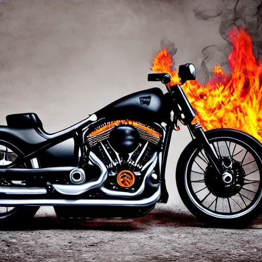 Image similar to skeleton harley davidson with fire and flames, dark, scary