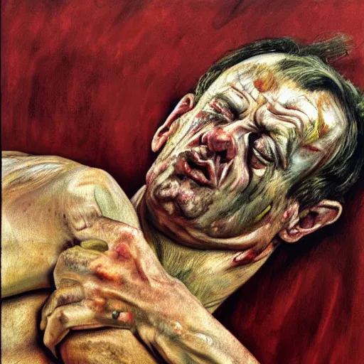 Image similar to high quality high detail painting by lucian freud, hd, man crying blood, pastel colors, photorealistic lighting