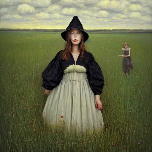 Image similar to a girl standing in a field, wearing black old dress and hat, by andrea kowch, andrea kowch style painting, dark, scene, magicrealism, flowers in background,