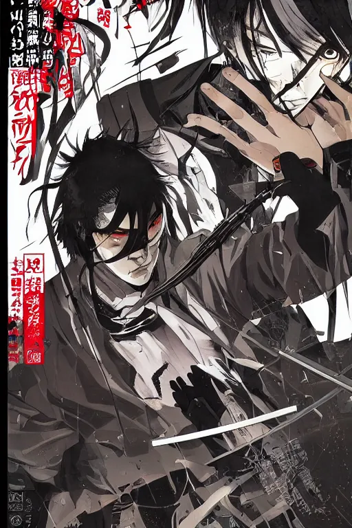 Prompt: professionally drawn seinen mature cyberpunk detective horror action manga comic cover about samurai, full color, beautifully drawn coherent professional, drawn by ilya kuvshinov, ilya kuvshinov, and hiromu arakawa and tsutomu nihei. japanese script kanji hiragana on the cover. simplistic minimalist cover art. stylized stylistic.