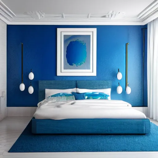 Prompt: a room design inspired by ocean, blue and white tones, concept art