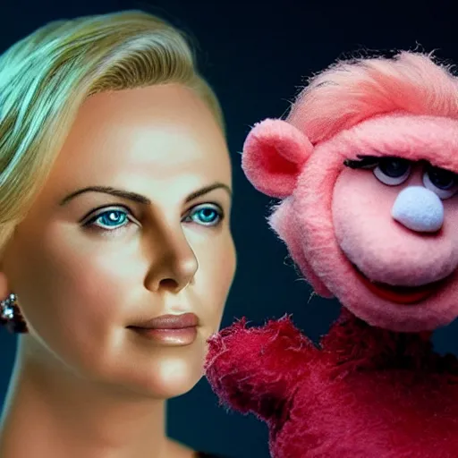 Image similar to charlize theron as a muppet. highly detailed felt. hyper real photo. 4 k