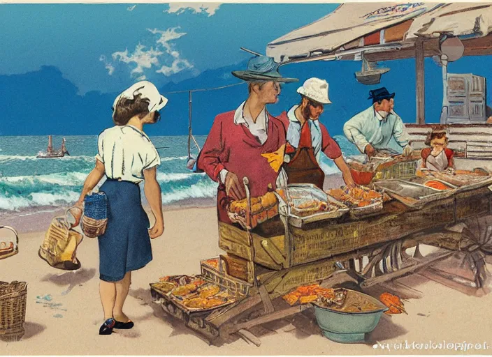 Image similar to storybook illustration of crab sellers, 1 9 5 0 s americana tourism, designed by jean baptiste monge but in lowbrow pop art style, high resolution, fine details, muted colors