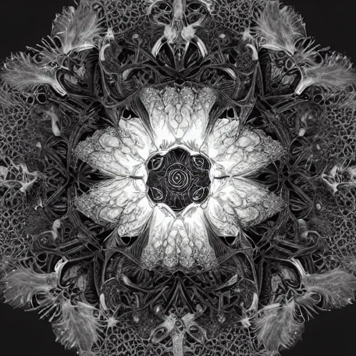 Image similar to a beautiful and detailed illustration of a black lotus with fractal fibonaucci sequence petals, in the style of magic the gathering, highly detailed, digital painting, unholy union, white church background, god rays, volumetric lighting, octane render, 4 k resolution, art by artgerm and greg rutkowski and alphonse mucha, masterpiece, in a luminist baroque style