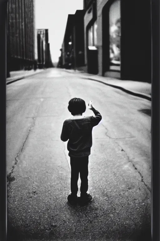 Image similar to photo polaroid of sad and lonely child in the middle of an empty street in a big city, photorealistic, 35mm film, black and white, polaroid,