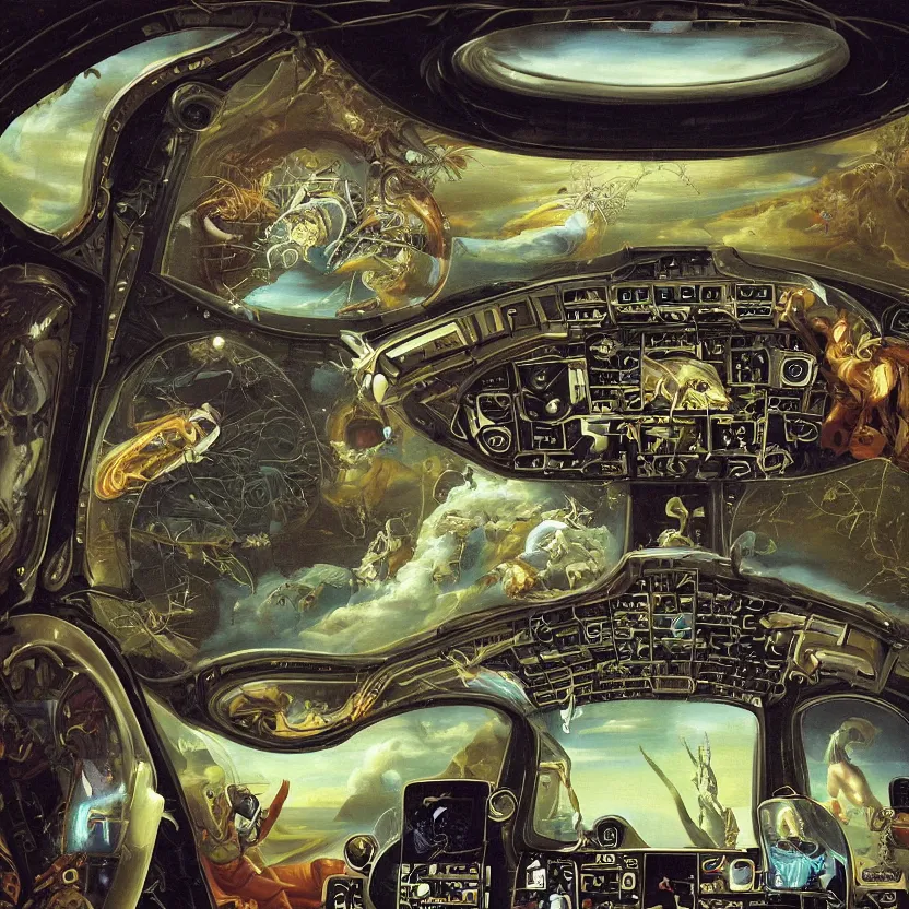 Prompt: the view from inside a small spaceship cockpit. an alien controlling the dashboard. decorated with foliage, faberge, and filigree. pulp sci - fi art. baroque period, oil on canvas. renaissance masterpiece