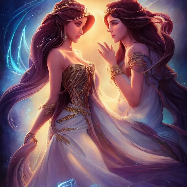 Image similar to beautiful cinematic fantasy poster, a beautiful princess goddess like princess jasmine with flowing illuminated hair, beautiful glowing galaxy eyes, wideshot ultrawide angle epic scale, hybrid from The Elden Ring and art direction by Darius Zawadzki ;by artgerm; wayne reynolds art station; cinematic quality character render; low angle; ultra high quality model; production quality cinema model;