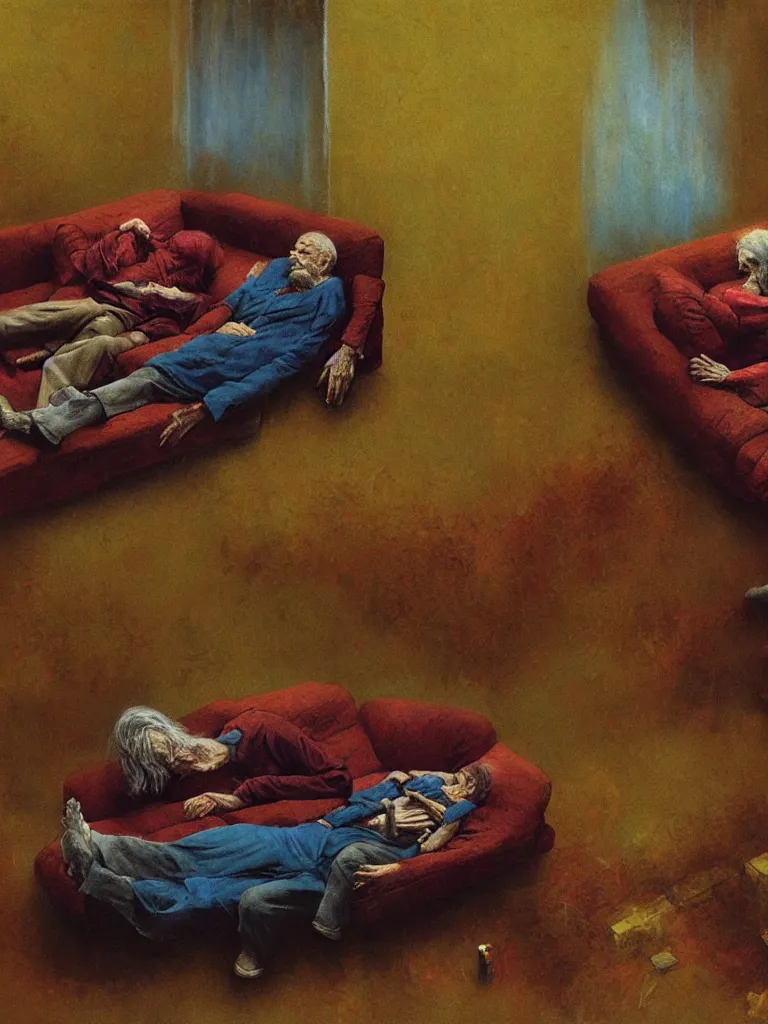 Prompt: photo of a very old couple sleeping on a couch, psx game graphics , Beksinski painting, part by Adrian Ghenie