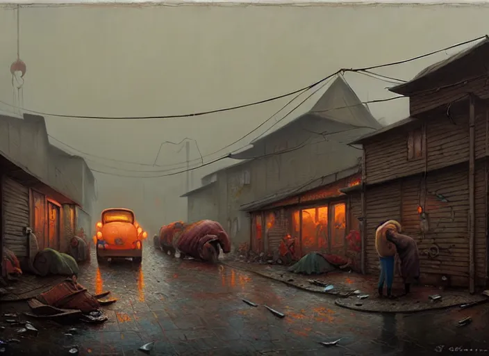 Image similar to waiting in line for cold soup by simon stalenhag and gil elvgren and marc simonetti and quint buchholz, slums, highly detailed, hyperrealism, dreary, cold, cloudy, grey, smog, high contrast, solarpunk, high saturation