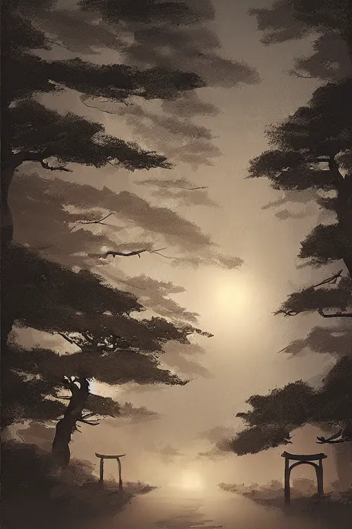 Prompt: Japanese Torii in a moutain with trees ,night , by Grzegorz Rutkowski, concept art