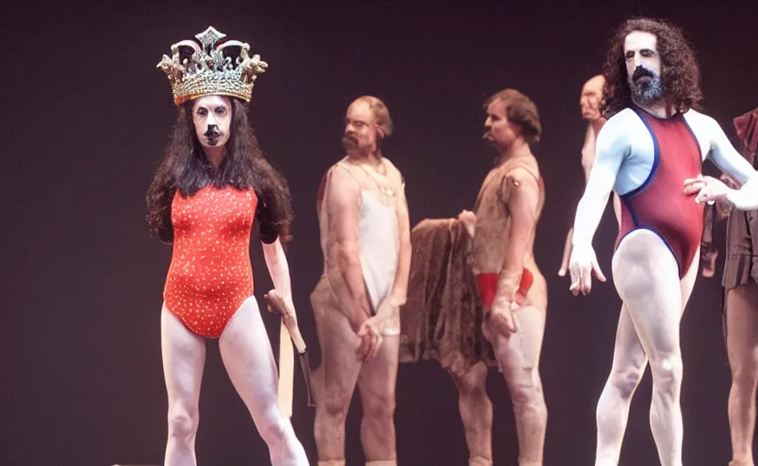 Prompt: Frank Zappa in a leotard and a crown performs the role of Richard III in the award winning modern dress production of Richard III in front of a live audience, action shot, directed by Robert Wilson