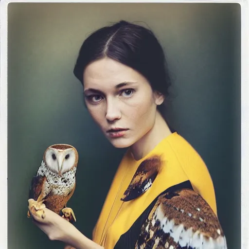 Image similar to head to shoulder portrait Polaroid film photograph of an elegant top model wearing a yellow kimono with a very detailed barn owl on her shoulder!!! in a tropical greenhouse. looking at the camera!!. super resolution. Polaroid 600 film. art by Alessio albi and john william waterhouse and Annie Leibovitz.