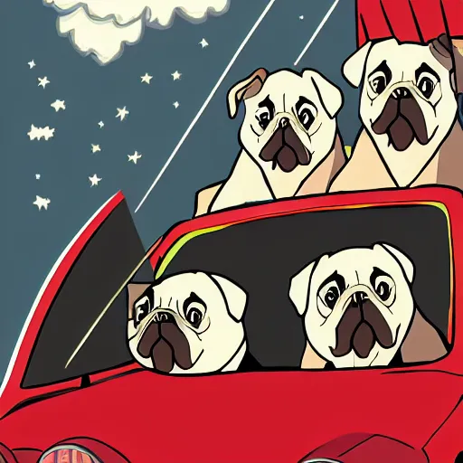 Image similar to important president pug dog in a convertible parade, expensive suits, Nintendo game art, Hayao Miyazaki, intricate detail, illustration, beautiful lighting,