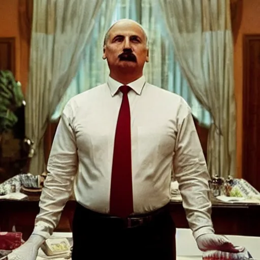 Prompt: Alexander Lukashenko in Scarface, bags of cocaine on the table, belarusian flag in the background, cinematic still