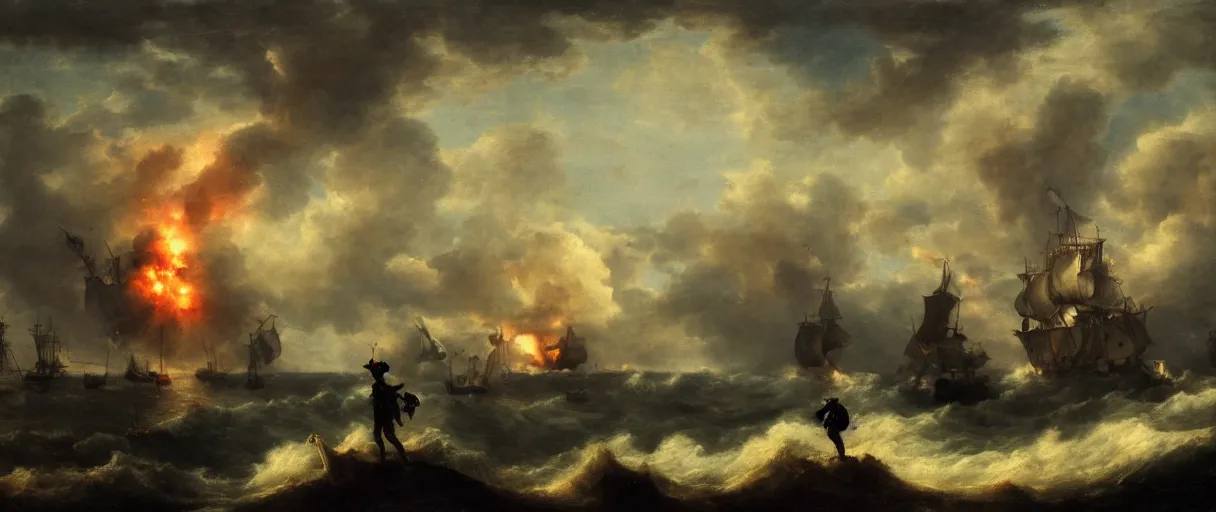 Prompt: a pirate standing on his ship, watching big explosions on the wild sea, dramatic atmosphere