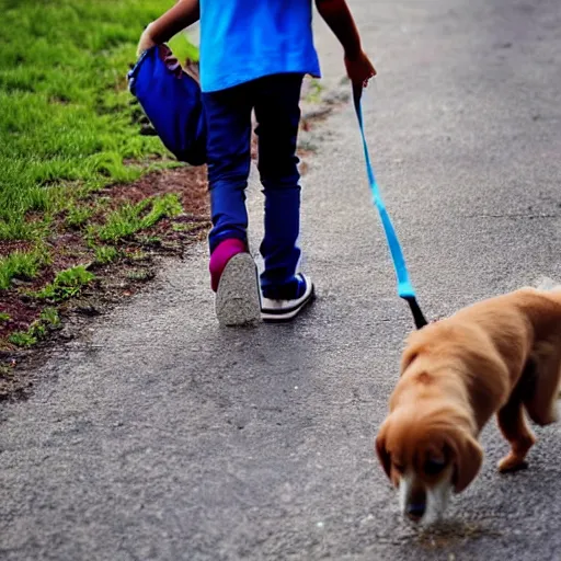Image similar to a dog is walking a child to school